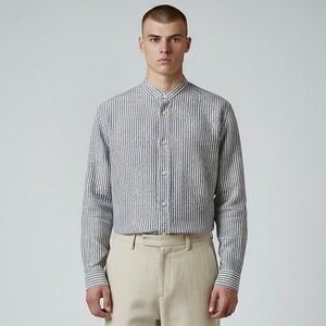 Joseph Abboud Collection Shirt Mens Medium Gray Linen Band Collar Made Italy